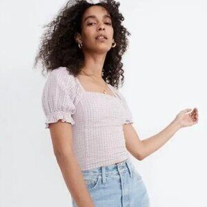 Madewell Seersucker Hopewell Puff-Sleeve Top in Purple & White Gingham, Size L